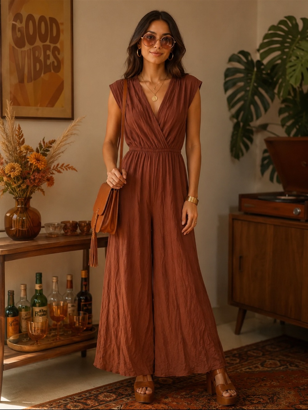 Universal Thread Rust Brown V-Neck Wide-Leg Jumpsuit